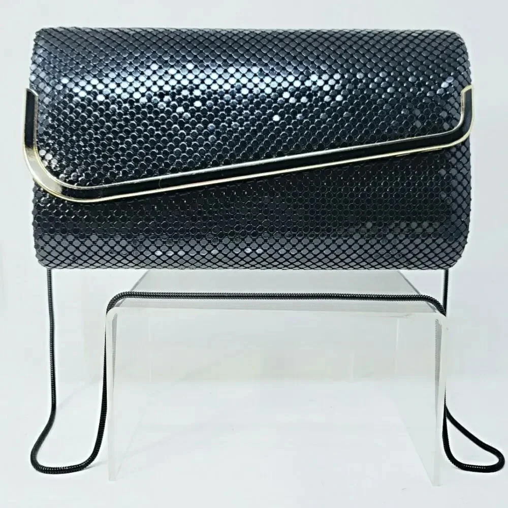 Black Metal Mesh Clutch Bag with Chain